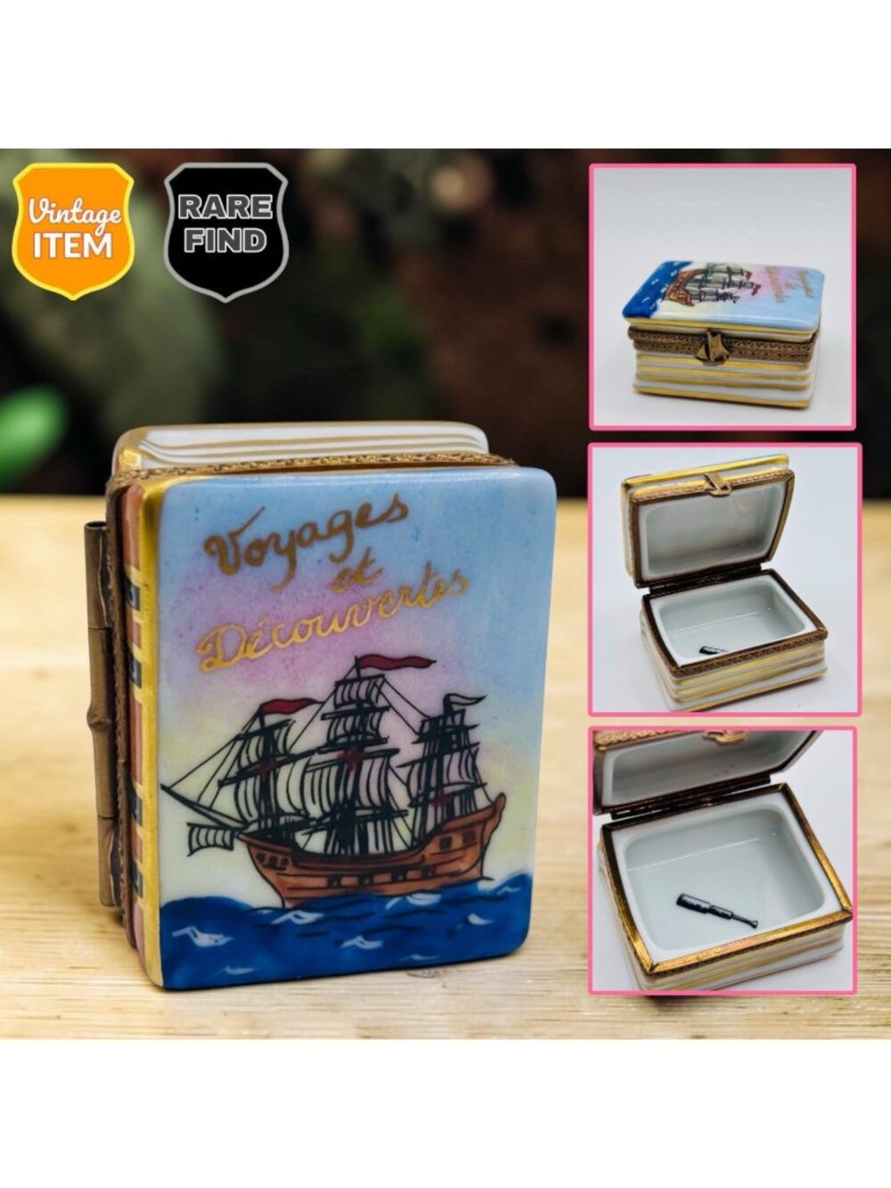 Vintage Limoges France Hand Painted Porcelain Faux Nautical Book Trinket Box.